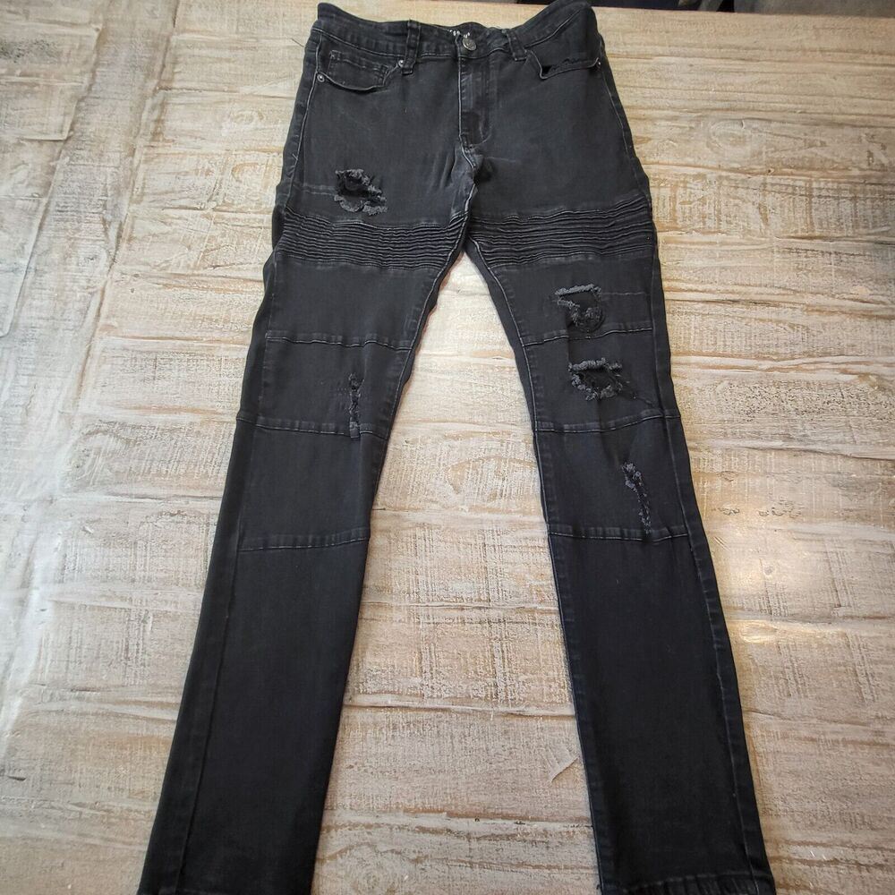 Smoke & Ash Mens 30x31 Black Moto Jeans Distressed Skinny Stretch Streetwear